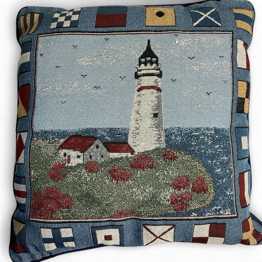 VTG Lighthouse Nautical Flags Pillow Coastal Scene Blue 16